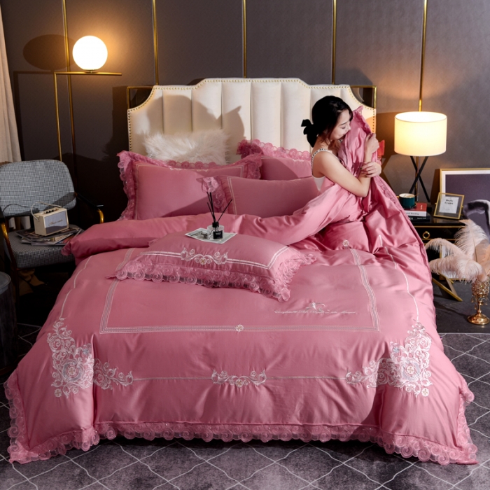 91家纺网 家纺一手货源 找家纺 唐人居 2025新款50支长绒棉四件套 米兰仲夏-红玉