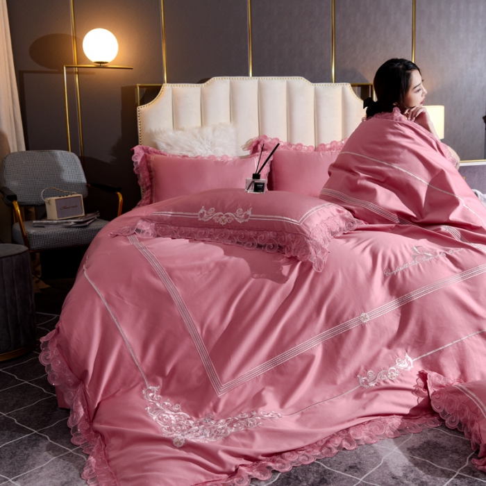 91家纺网 家纺一手货源 找家纺 唐人居 2025新款50支长绒棉四件套 米兰仲夏-红玉