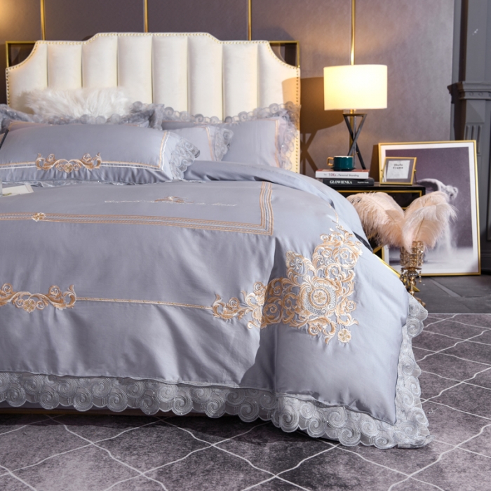 91家纺网 家纺一手货源 找家纺 唐人居 2025新款50支长绒棉四件套 米兰仲夏-银灰