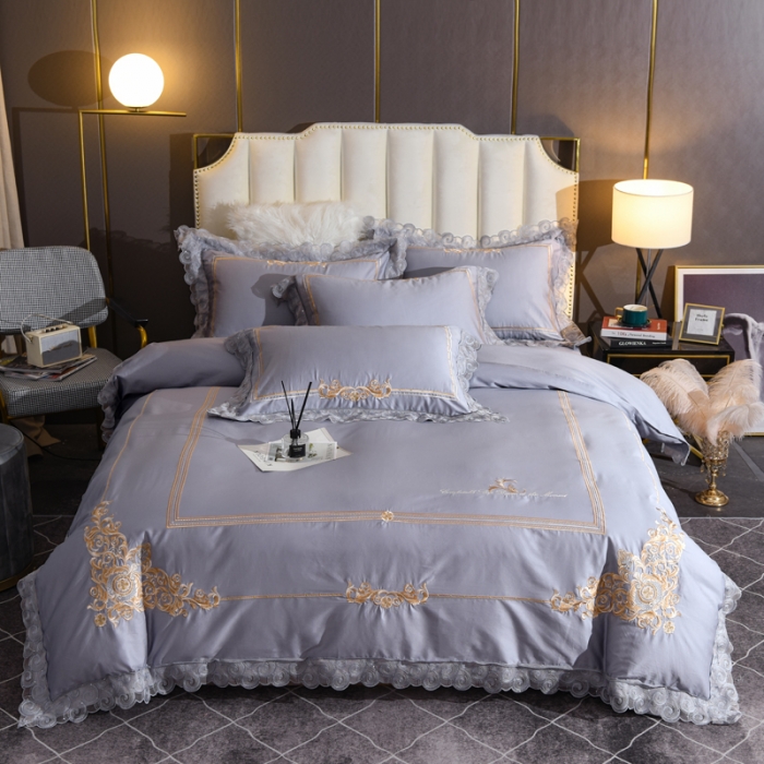 91家纺网 家纺一手货源 找家纺 唐人居 2025新款50支长绒棉四件套 米兰仲夏-银灰