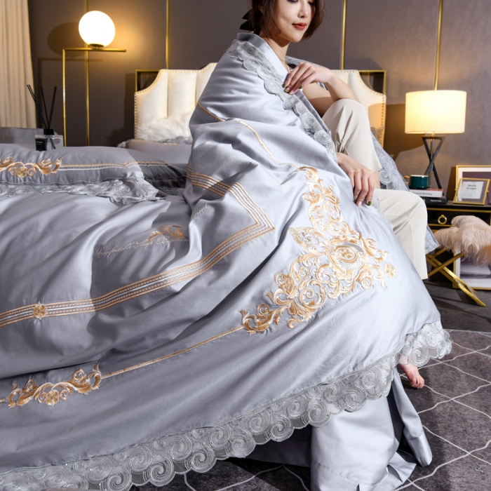 91家纺网 家纺一手货源 找家纺 唐人居 2025新款50支长绒棉四件套 米兰仲夏-银灰