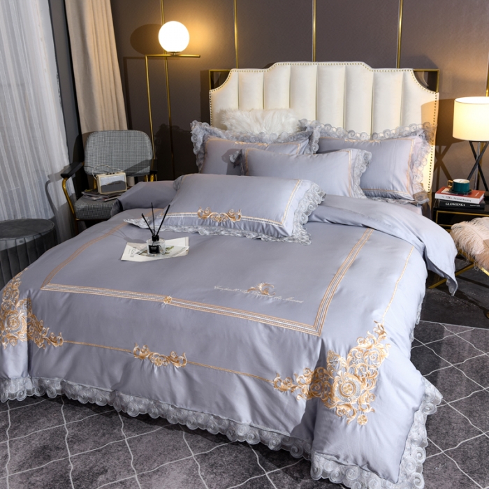 91家纺网 家纺一手货源 找家纺 唐人居 2025新款50支长绒棉四件套 米兰仲夏-银灰