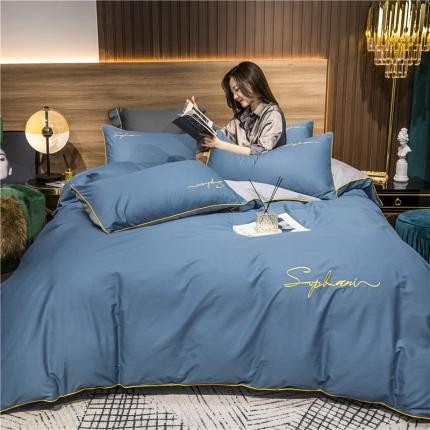 91家纺网 家纺一手货源 找家纺 拼社家纺 40s贡缎长绒棉字母款四件套宝兰配浅灰