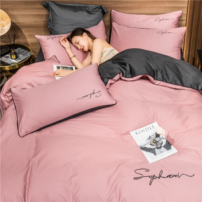 91家纺网 家纺一手货源 找家纺 拼社家纺 40s贡缎长绒棉字母款四件套豆沙帝灰