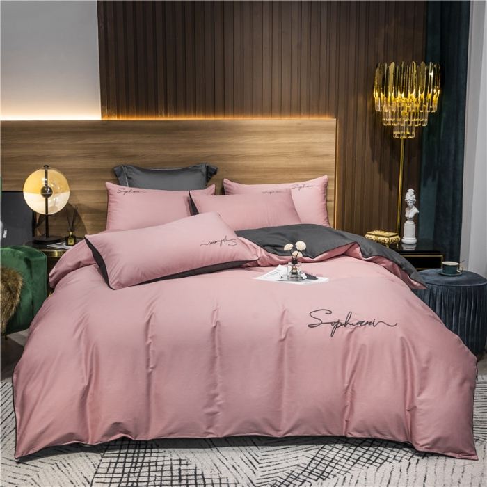 91家纺网 家纺一手货源 找家纺 拼社家纺 40s贡缎长绒棉字母款四件套豆沙帝灰