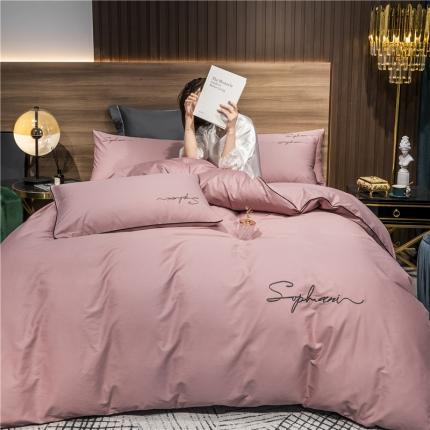 91家纺网 家纺一手货源 找家纺 拼社家纺 40s贡缎长绒棉字母款四件套豆沙色