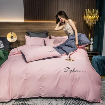 91家纺网 家纺一手货源 找家纺 拼社家纺 40s贡缎长绒棉字母款四件套粉玉配灰紫