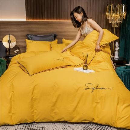 91家纺网 家纺一手货源 找家纺 拼社家纺 40s贡缎长绒棉字母款四件套姜黄