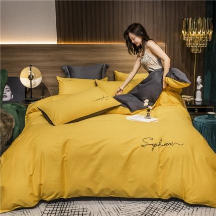 91家纺网 家纺一手货源 找家纺 拼社家纺 40s贡缎长绒棉字母款四件套姜黄灰