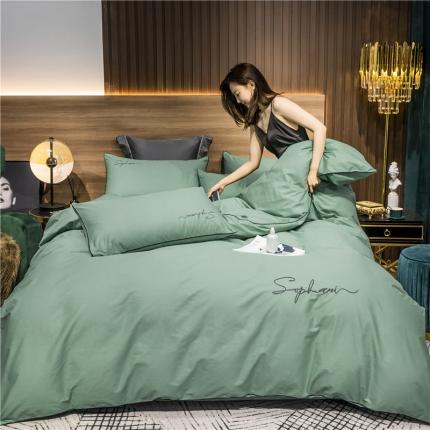 91家纺网 家纺一手货源 找家纺 拼社家纺 40s贡缎长绒棉字母款四件套抹茶绿