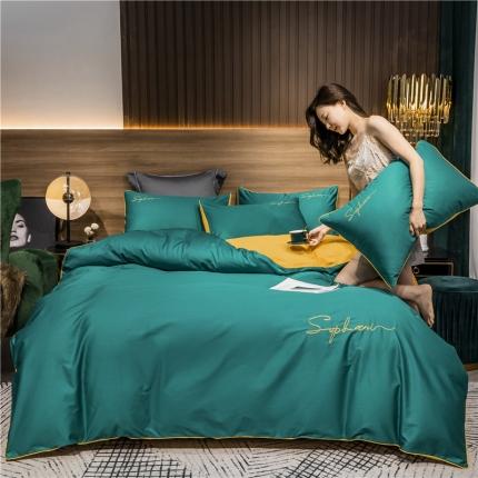 91家纺网 家纺一手货源 找家纺 拼社家纺 40s贡缎长绒棉字母款四件套墨绿黄