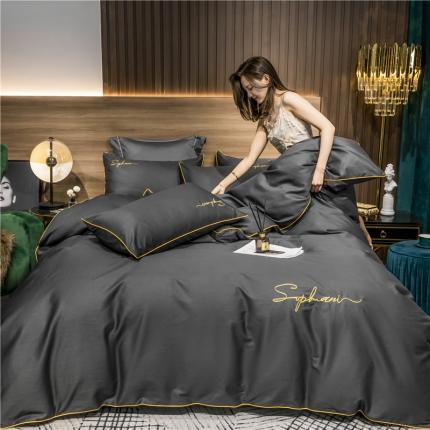 91家纺网 家纺一手货源 找家纺 拼社家纺 40s贡缎长绒棉字母款四件套绅士灰