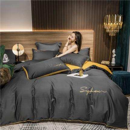 91家纺网 家纺一手货源 找家纺 拼社家纺 40s贡缎长绒棉字母款四件套深灰姜黄