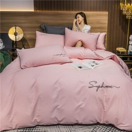 91家纺网 家纺一手货源 找家纺 拼社家纺 40s贡缎长绒棉字母款四件套香妃粉