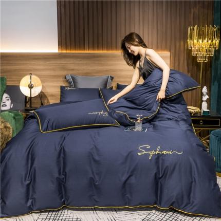 91家纺网 家纺一手货源 找家纺 拼社家纺 40s贡缎长绒棉字母款四件套亦凡蓝