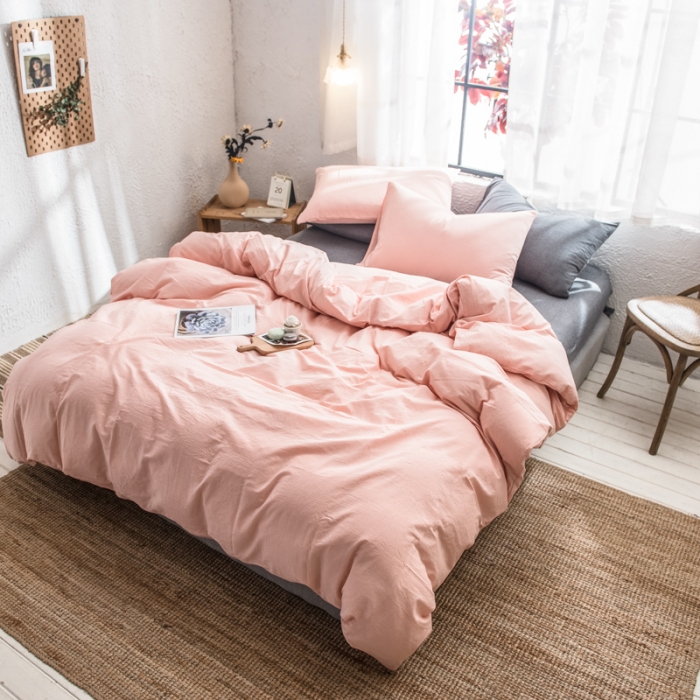 91家纺网 家纺一手货源 找家纺 佳梦达 2020新款全色织全棉水洗双拼单被套 浅粉灰