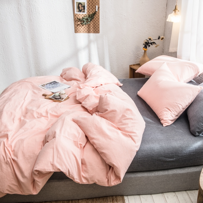 91家纺网 家纺一手货源 找家纺 佳梦达 2020新款全色织全棉水洗双拼单被套 浅粉灰