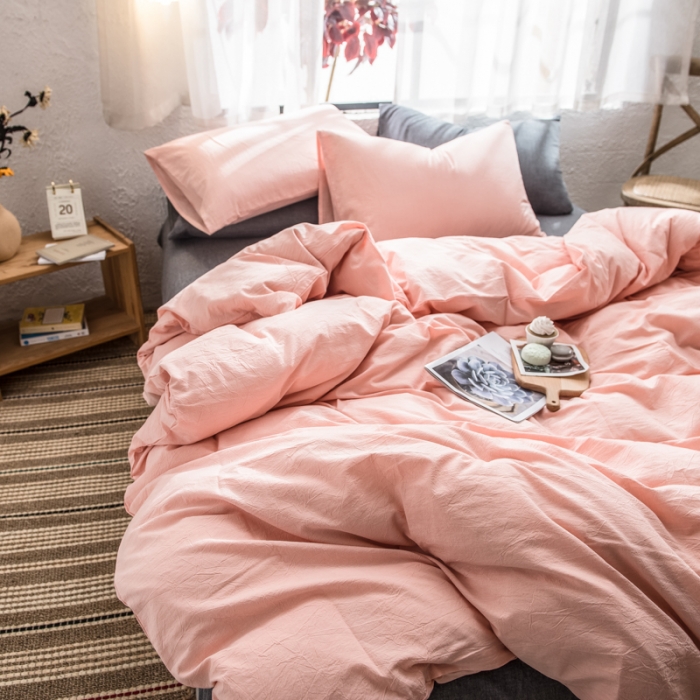 91家纺网 家纺一手货源 找家纺 佳梦达 2020新款全色织全棉水洗双拼单被套 浅粉灰