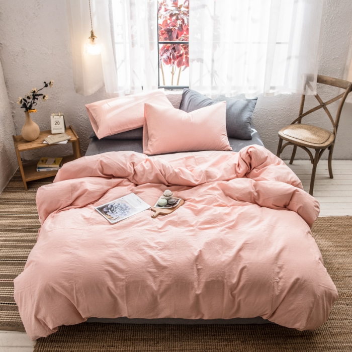 91家纺网 家纺一手货源 找家纺 佳梦达 2020新款全色织全棉水洗双拼单被套 浅粉灰