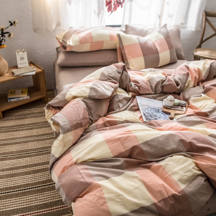 91家纺网 家纺一手货源 找家纺 佳梦达 2020新款全色织全棉水洗双拼单被套 蜜粉大格