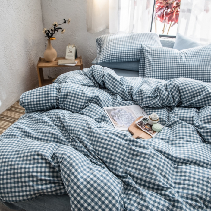 91家纺网 家纺一手货源 找家纺 佳梦达 2020新款全色织全棉水洗双拼单被套 浅蓝小格