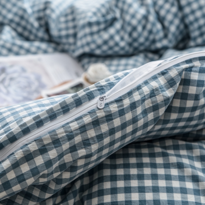 91家纺网 家纺一手货源 找家纺 佳梦达 2020新款全色织全棉水洗双拼单被套 浅蓝小格