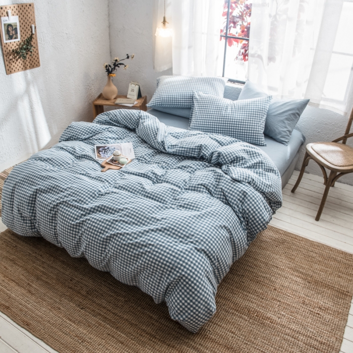 91家纺网 家纺一手货源 找家纺 佳梦达 2020新款全色织全棉水洗双拼单被套 浅蓝小格