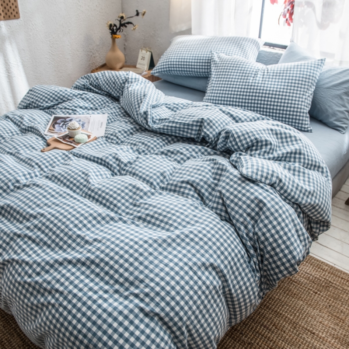 91家纺网 家纺一手货源 找家纺 佳梦达 2020新款全色织全棉水洗双拼单被套 浅蓝小格