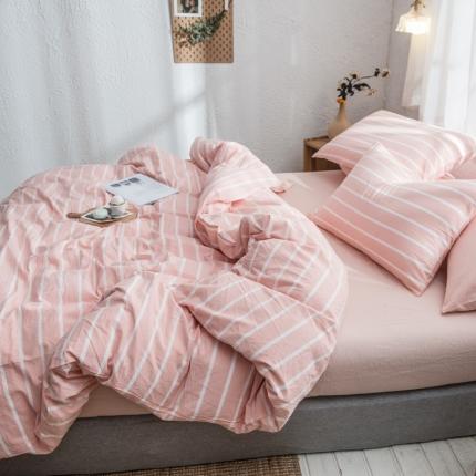 91家纺网 家纺一手货源 找家纺 佳梦达 2020新款全色织全棉水洗双拼单床笠 浅粉白条