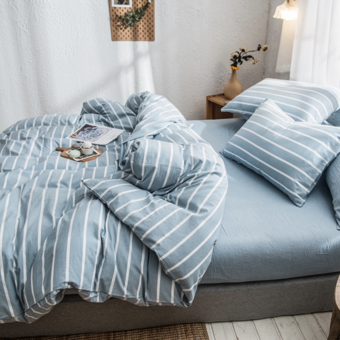 91家纺网 家纺一手货源 找家纺 佳梦达 2020新款全色织全棉水洗双拼单床笠 浅蓝白条