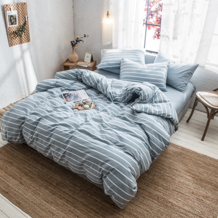 91家纺网 家纺一手货源 找家纺 佳梦达 2020新款全色织全棉水洗双拼单床笠 浅蓝白条