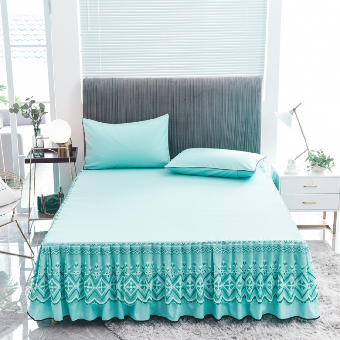 91家纺网 家纺一手货源 找家纺 金米诺 2020新款单层蕾丝床裙 淡雅青