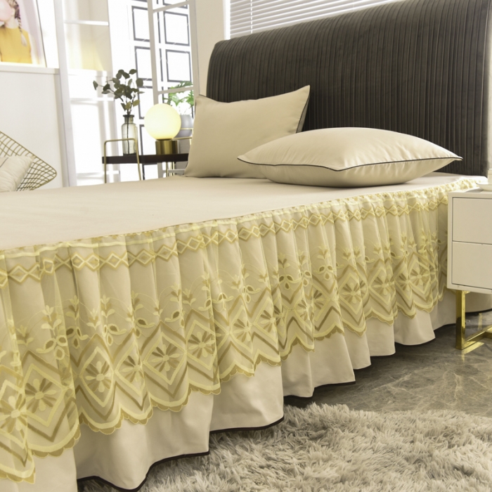91家纺网 家纺一手货源 找家纺 金米诺 2020新款单层蕾丝床裙 黄色