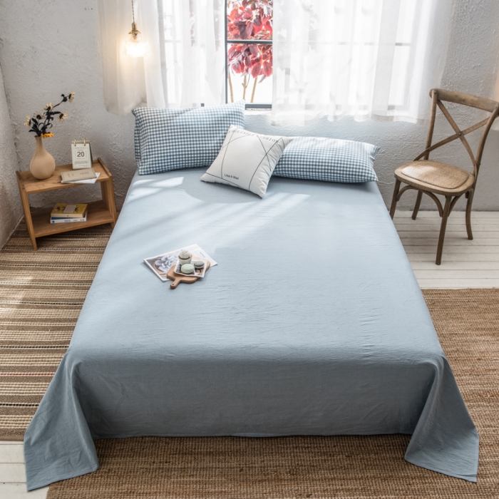 91家纺网 家纺一手货源 找家纺 佳梦达 2020新款全色织全棉水洗双拼单床单 浅蓝小格