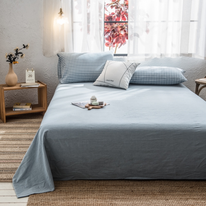 91家纺网 家纺一手货源 找家纺 佳梦达 2020新款全色织全棉水洗双拼单床单 浅蓝小格