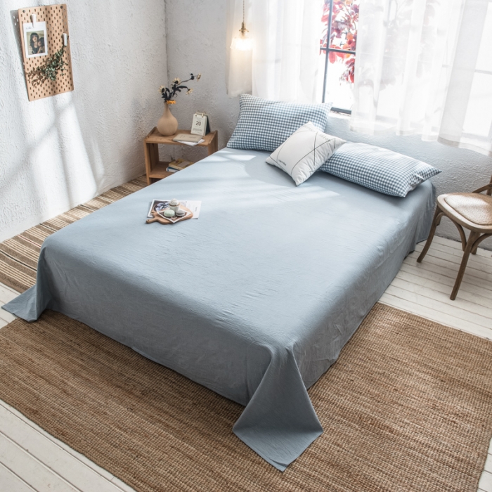 91家纺网 家纺一手货源 找家纺 佳梦达 2020新款全色织全棉水洗双拼单床单 浅蓝小格