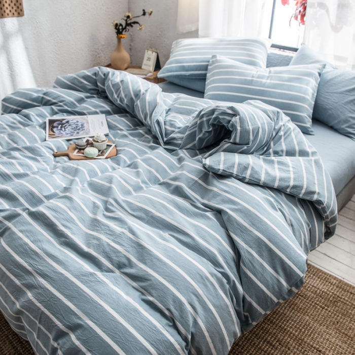 91家纺网 家纺一手货源 找家纺 佳梦达 2020新款全色织全棉水洗双拼单床单 浅蓝白条