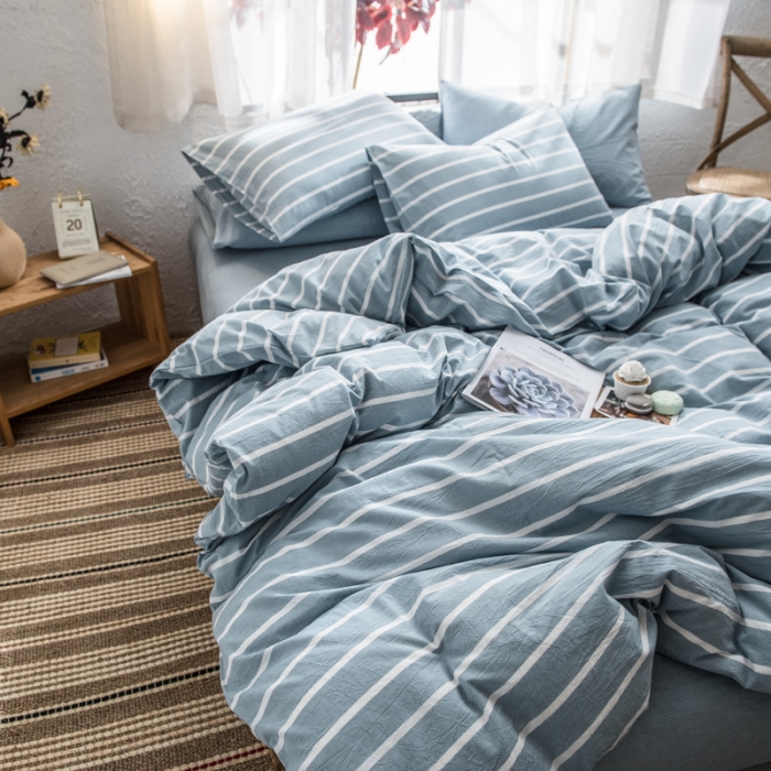 91家纺网 家纺一手货源 找家纺 佳梦达 2020新款全色织全棉水洗双拼单床单 浅蓝白条