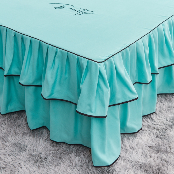 91家纺网 家纺一手货源 找家纺 金米诺 2020新款双层绣花床裙 淡雅青