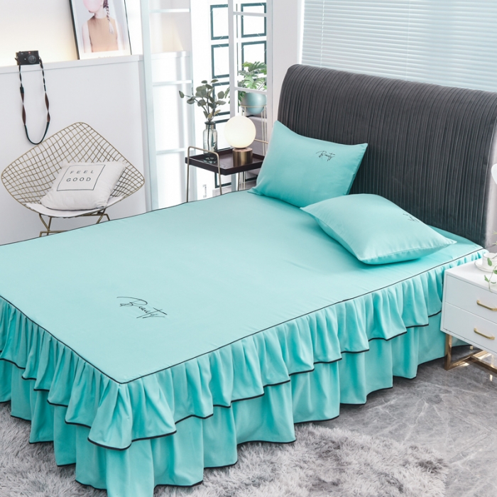 91家纺网 家纺一手货源 找家纺 金米诺 2020新款双层绣花床裙 淡雅青