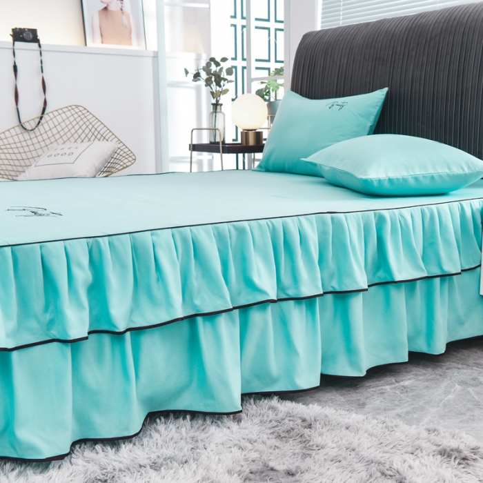 91家纺网 家纺一手货源 找家纺 金米诺 2020新款双层绣花床裙 淡雅青