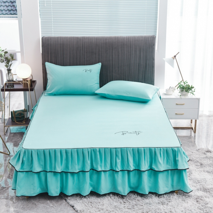 91家纺网 家纺一手货源 找家纺 金米诺 2020新款双层绣花床裙 淡雅青