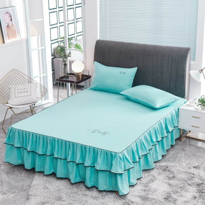 91家纺网 家纺一手货源 找家纺 金米诺 2020新款双层绣花床裙 淡雅青