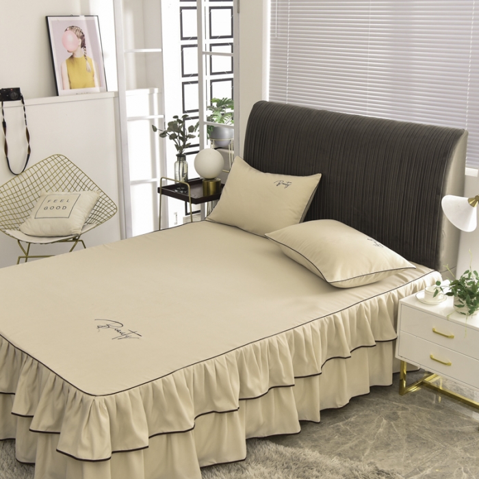 91家纺网 家纺一手货源 找家纺 金米诺 2020新款双层绣花床裙 黄色