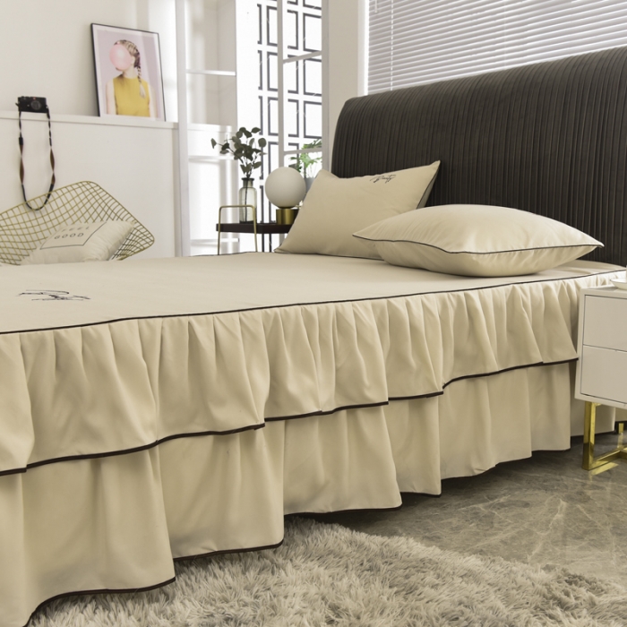 91家纺网 家纺一手货源 找家纺 金米诺 2020新款双层绣花床裙 黄色