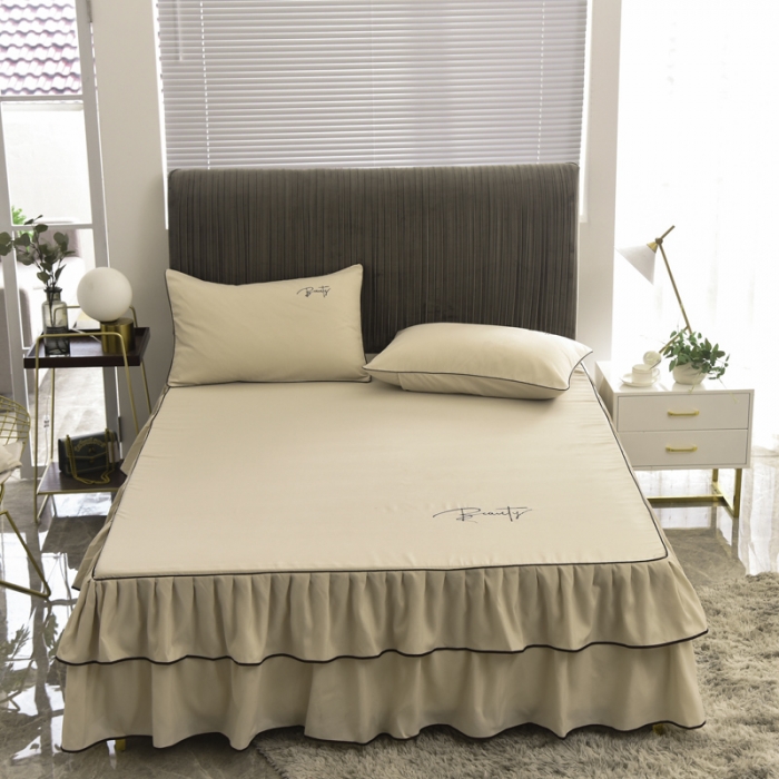 91家纺网 家纺一手货源 找家纺 金米诺 2020新款双层绣花床裙 黄色