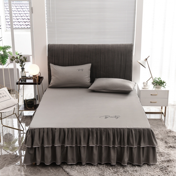 91家纺网 家纺一手货源 找家纺 金米诺 2020新款双层绣花床裙 灰色