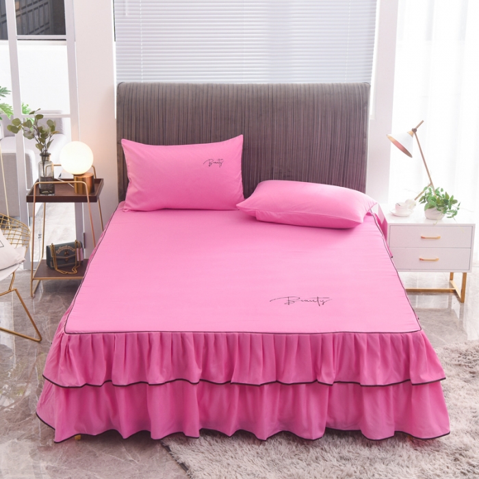 91家纺网 家纺一手货源 找家纺 金米诺 2020新款双层绣花床裙 亮粉