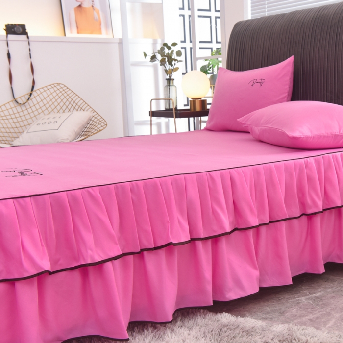 91家纺网 家纺一手货源 找家纺 金米诺 2020新款双层绣花床裙 亮粉