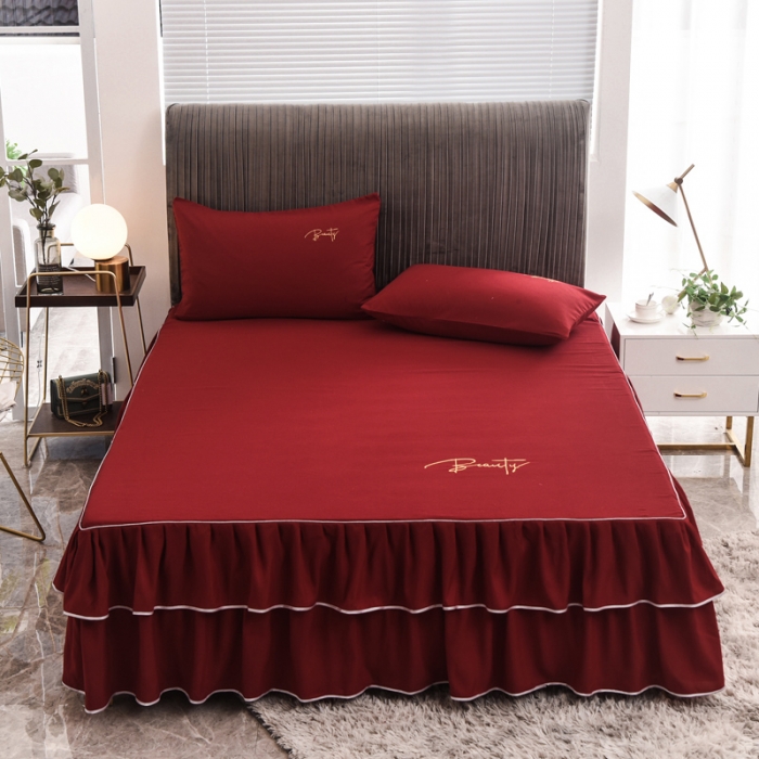 91家纺网 家纺一手货源 找家纺 金米诺 2020新款双层绣花床裙 深红